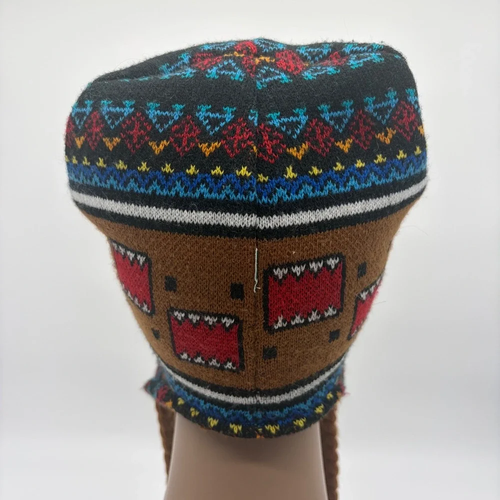 DOMO KUN Brown Knit Trapper Beanie with Braids and Aztec Pattern Y2K Rare‎
